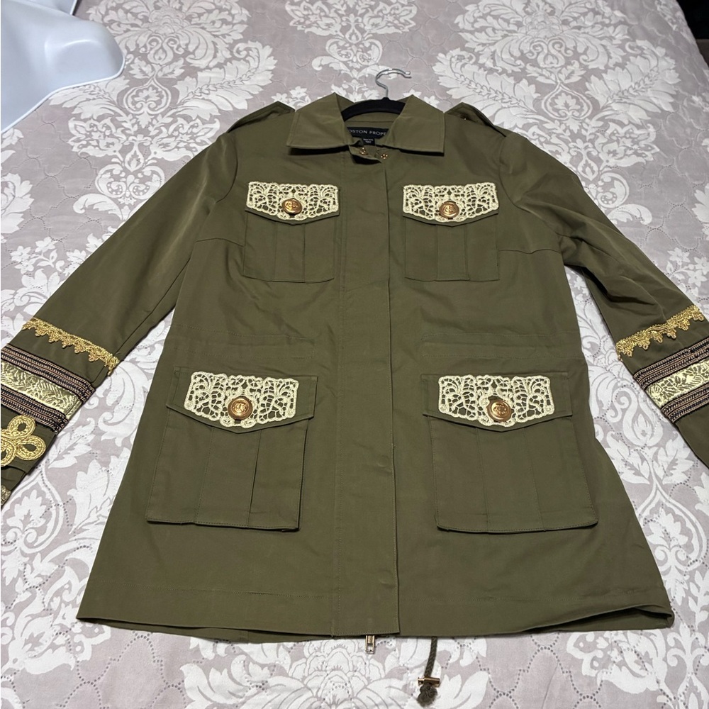 Boston Proper Olive Utility Jacket with Cream Lace Trim and Gold Buttons